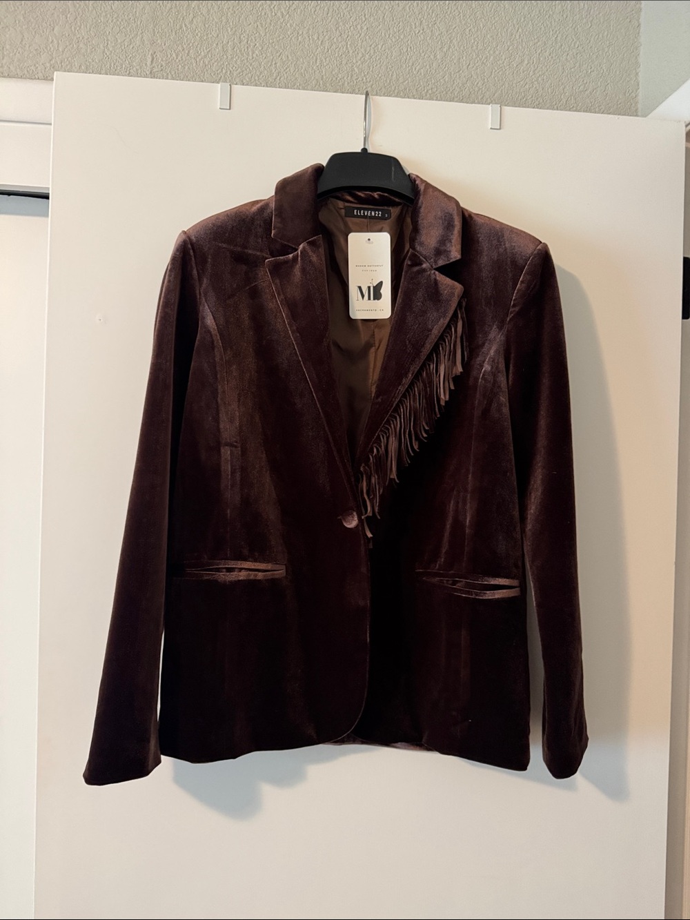 NWT Eleven22 Chocolate Velvet Fringe Blazer, Small